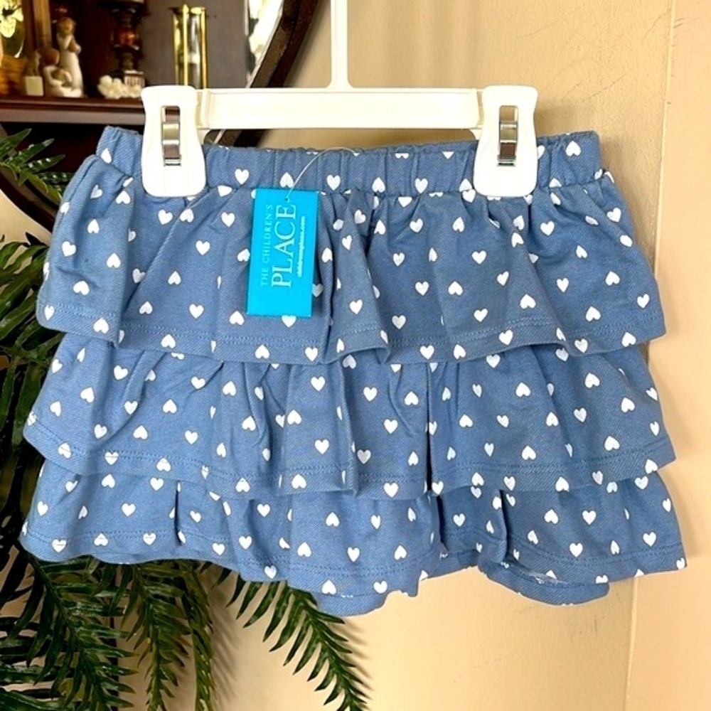 Brand New The Children’s Place Blue Tiered Ruffle Skirt White Heart Polka Dots